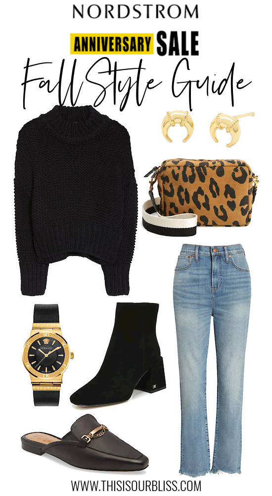 Fall Style Guide to the Nordstrom Anniversary Sale - black sweater leopard bag and jeans with mules - This is our Bliss