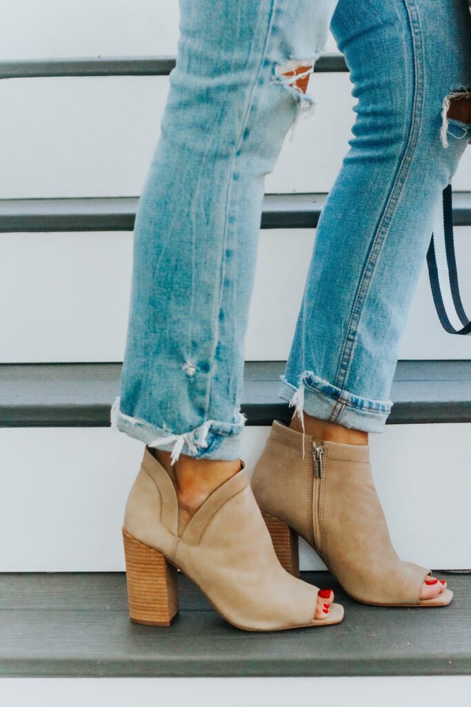 distressed jeans with Fall booties - open-toe booties for Fall weather