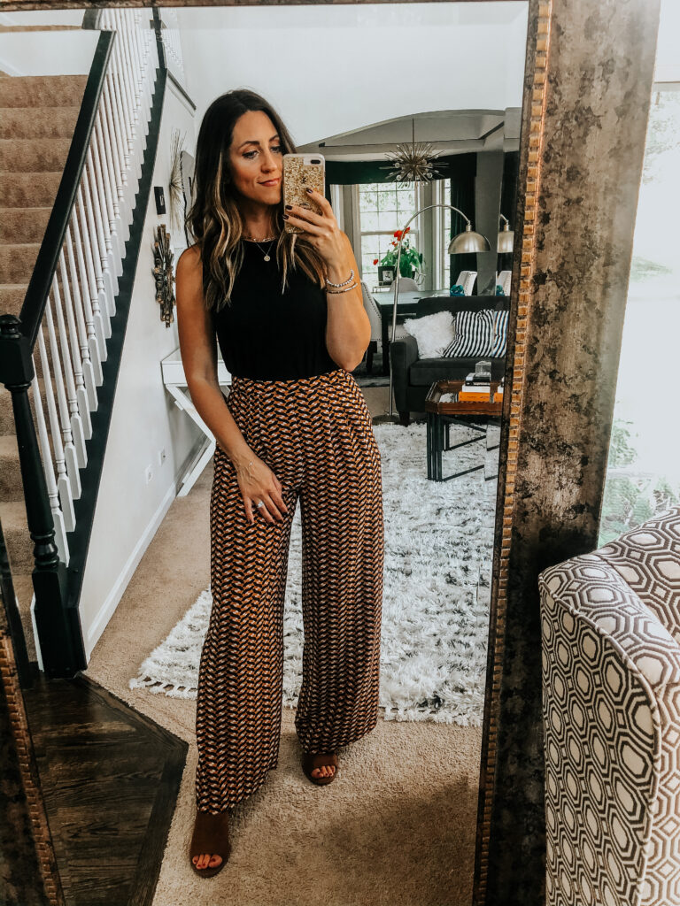graphic print wide leg pants with black top and booties - This is our Bliss
