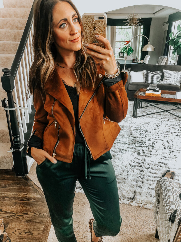 brown jacket for fall - faux suede moto jacket with satin joggers