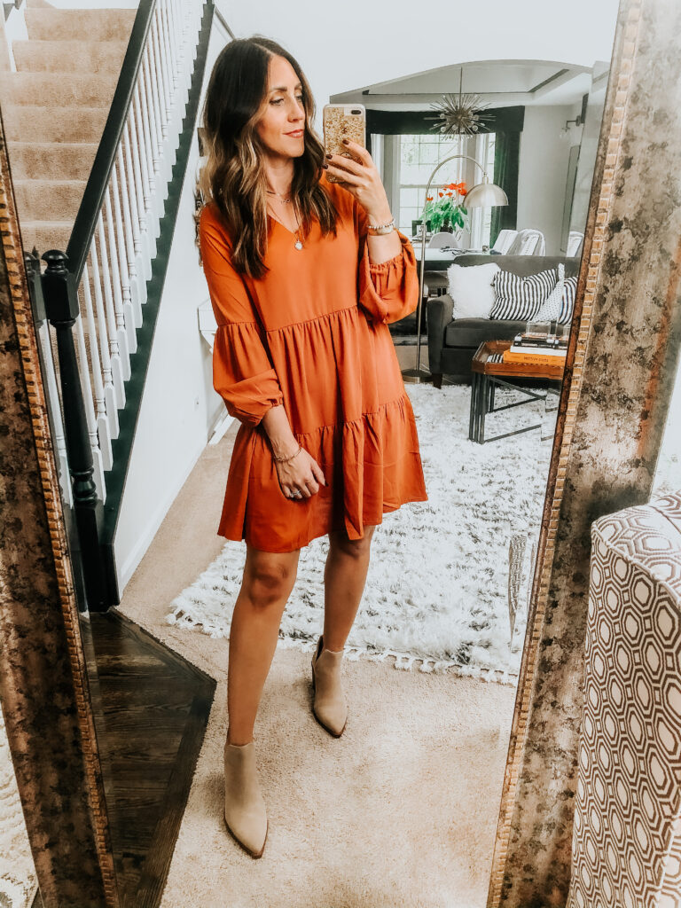 orange swing dress - tiered ruffle dress in burnt orange - September amazon haul - This is our Bliss