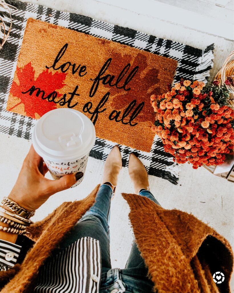 love Fall most of all front doormat layered on plaid rug - Fall Front porch decorating ideas - This is our Bliss