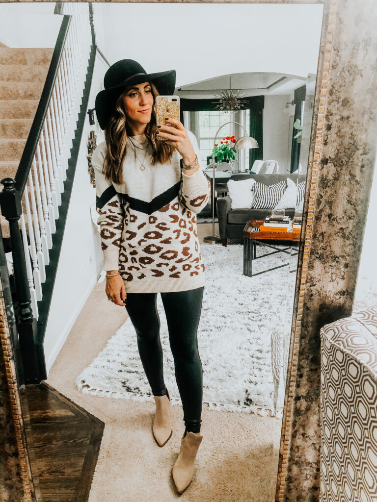leopard sweater and spanx faux leather leggings look - This is our Bliss