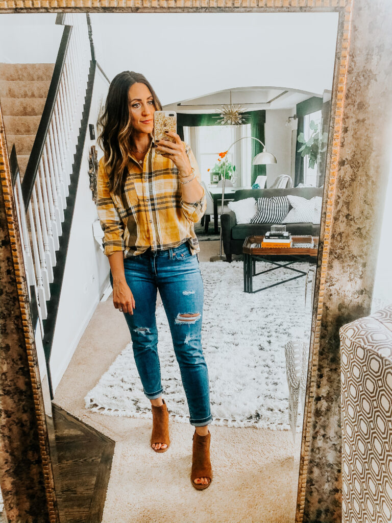 plaid top for Fall - boyfriend jeans and booties -Target Fall Fashion Haul