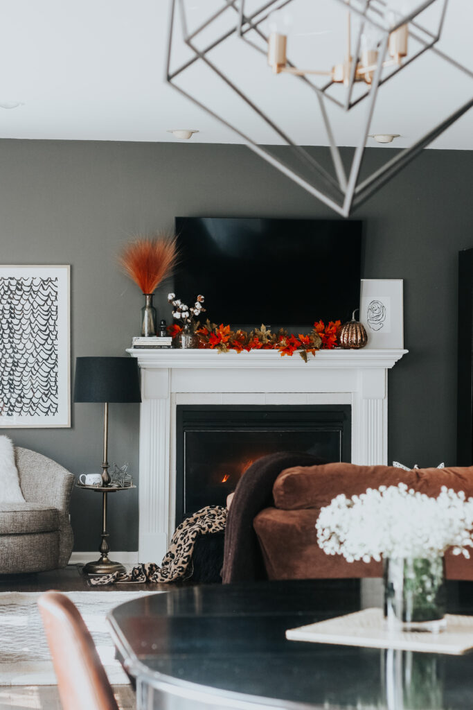 family room and kitchen view - Fall mantel decor - This is our Bliss