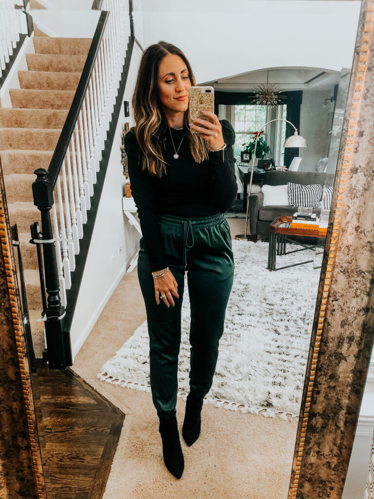 black puff sleeve top with green satin joggers - 6 ways to wear satin joggers - This is our Bliss