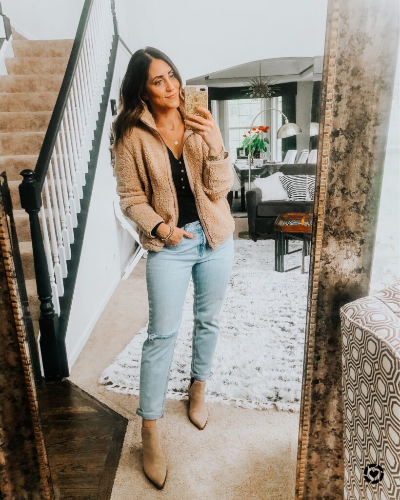 sherpa zip-up with jeans and booties - the perfect cozy fall outfit - Old Navy Try-on haul - This is our Bliss