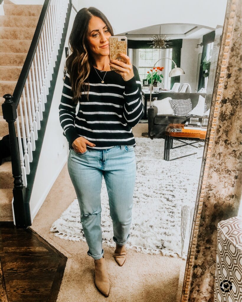 striped sweater and jeans - classic look for Fall - Old Navy haul with lots of great closet staples - This is our BLiss