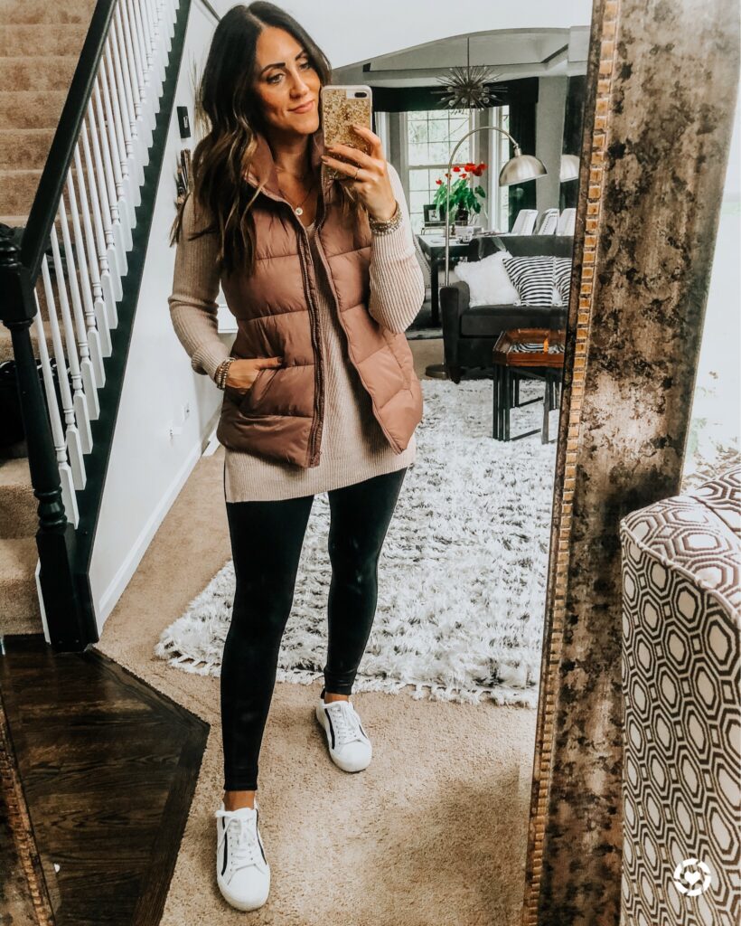 tunic sweater with puffer vest and spanx faux leather leggings with sneakers - old navy try-on haul - This is our Bliss