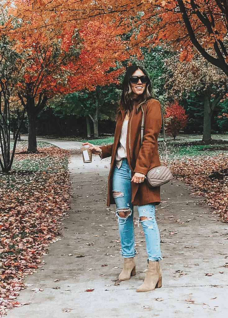 Cognac mid length trench coat under $100 - Fall trees - This is our Bliss