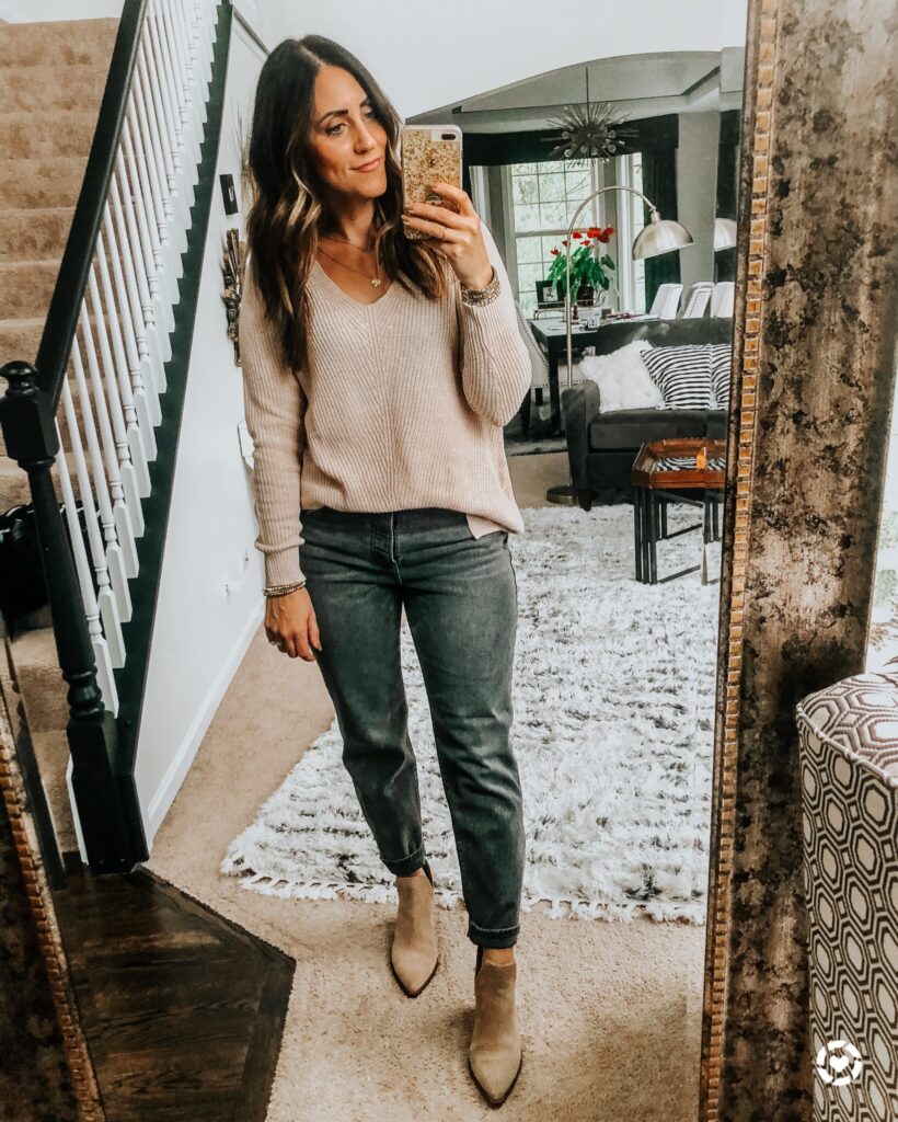 tunic sweater and gray jeans with booties - old navy haul for fall and winter - This is our Bliss