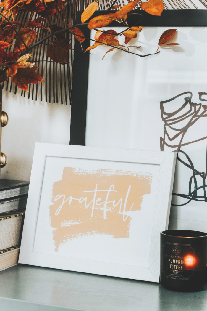 Grateful printable in cozy entryway - entryway refresh - This is our Bliss