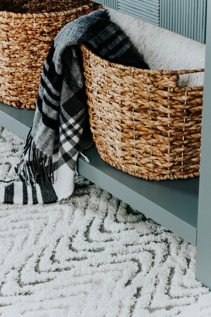 texture with baskets, blanket, pillow and rug - cozy texture in your home in the entryway - entryway refresh - This is our Bliss
