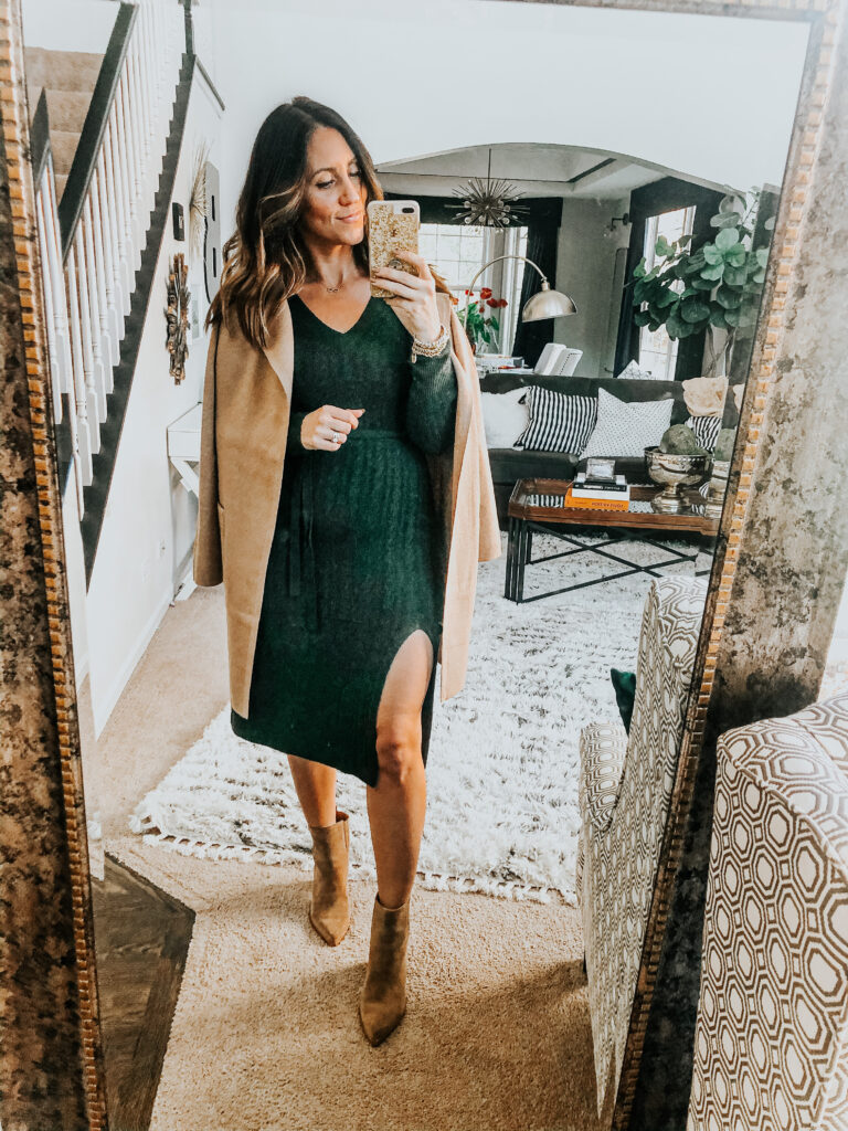 green sweater dress - Thanksgiving day outfit idea - perfect holiday dress