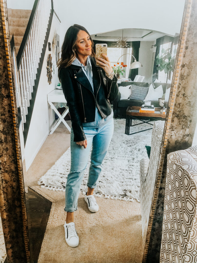 waffle knit hoodie with jeans - Amazon haul - faux leather jacket and sneakers - This is our Bliss