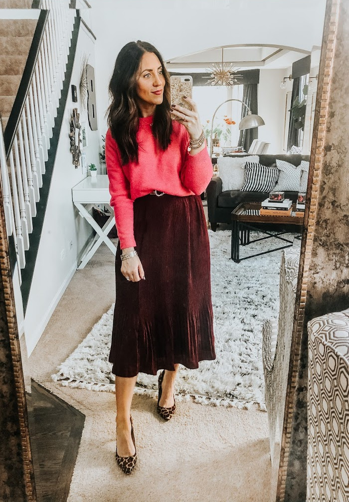 Burgundy skirt with pink sweater - holiday outfit idea - leopard heels - This is our Bliss copy