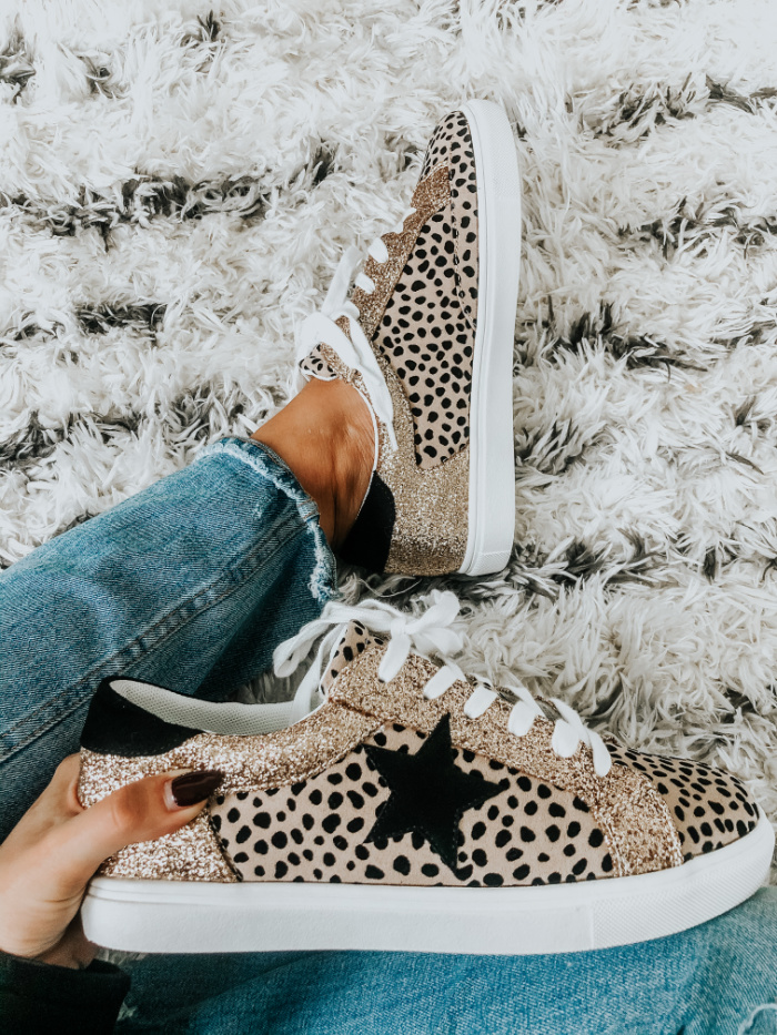 Glitter and Cheetah print sneakers from amazon - Designer sneaker dupes - leopard sneakers - This is our Bliss