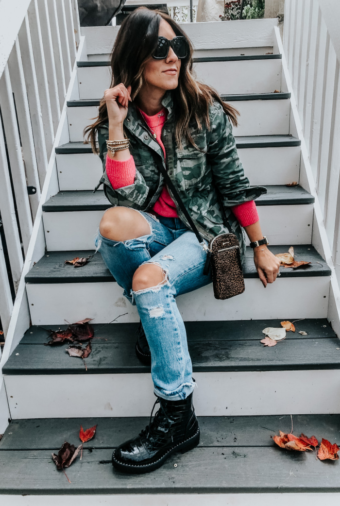 Pink sweater with camo anorak jacket and studded combat boots - This is our Bliss #camojacket #anorakjacket #targetstyle