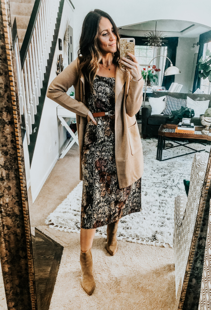 belted midi dress with camel coatigan - sweater blazer with a dress - This is our Bliss