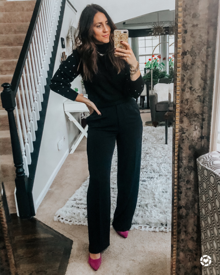 black sweater with rhinestone sleeves black dress pants and pink pumps for the holidays - H&M try one haul - This is our BLiss