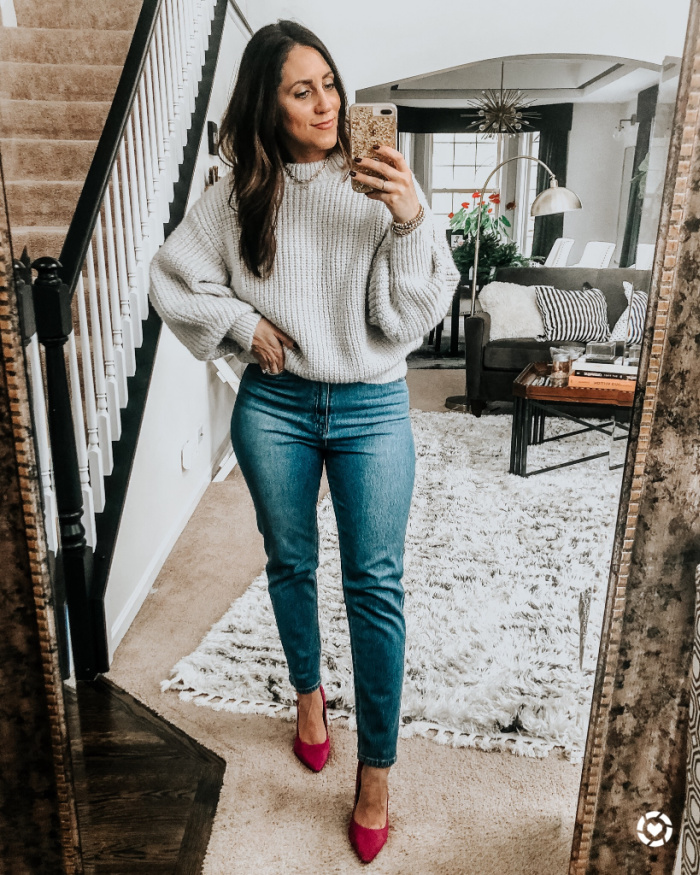 chunky knit sweater with mom jeans and pink high heels - This is our Bliss