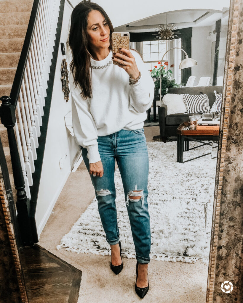 embellished neck sweater with balloon sleeves - ripped boyfriend jeans - H&M holiday haul - This is our Bliss