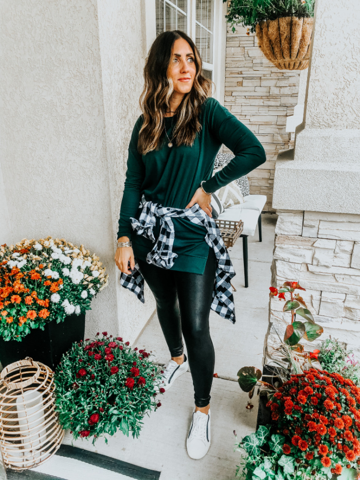 green tunic sweatshirt spanx and plaid shirt for Fall - This is our Bliss