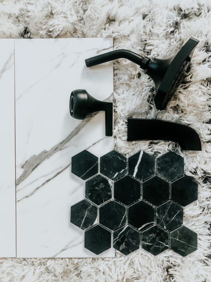 white ceramic tile with black hexagon shower niche tile - How to select coordinating bathroom tiles