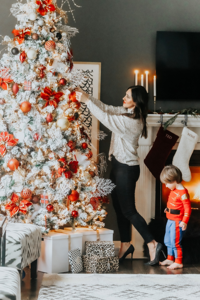 Classic Christmas Home Tour - Red and white flocked Christmas tree - This is our Bliss