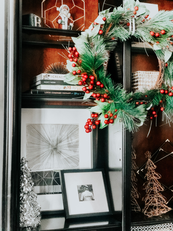 Classic Christmas home tour - wreath on the bookcase for Christmas - decorating a bookcase for Christmas - This is our Bliss