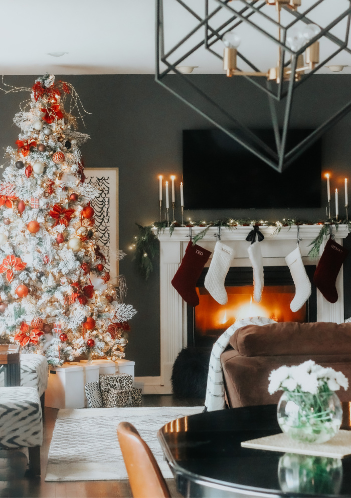Classic Red white and gold Christmas Tour - Christmas Family Room ideas - Flocked tree with red - This is our Bliss