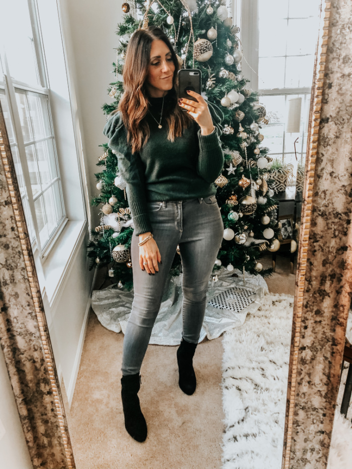 Express Try-on Haul - Holiday Style favorites from Express - Green puff shoulder sweater with gray jeans and boots - This is our Bliss