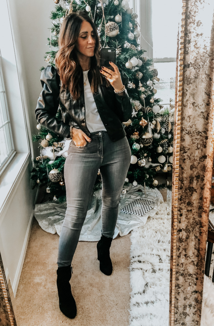 Express try-on - Holiday Favorites from Express - puff shoulder leather trucker jacket - This is our Bliss