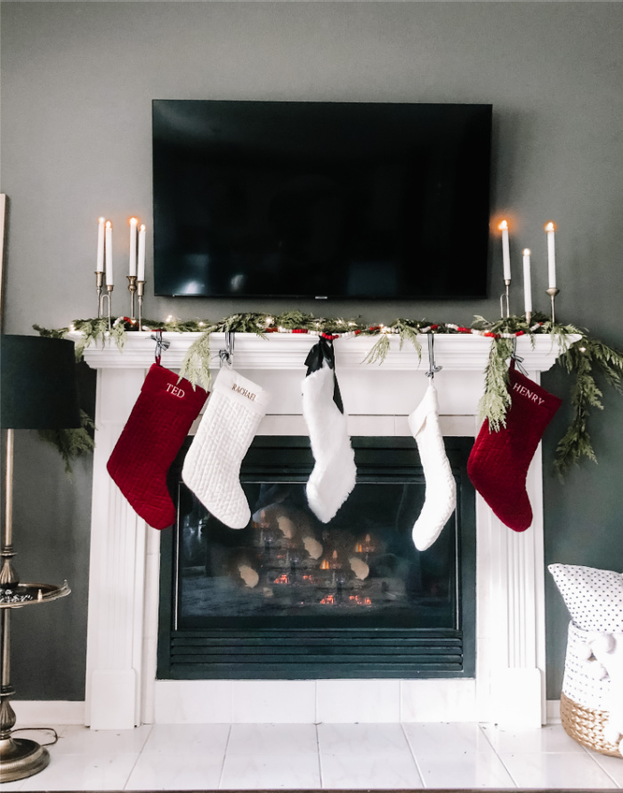 Red white and gold Christmas Mantel decor - simple Christmas mantel idea - This is our Bliss