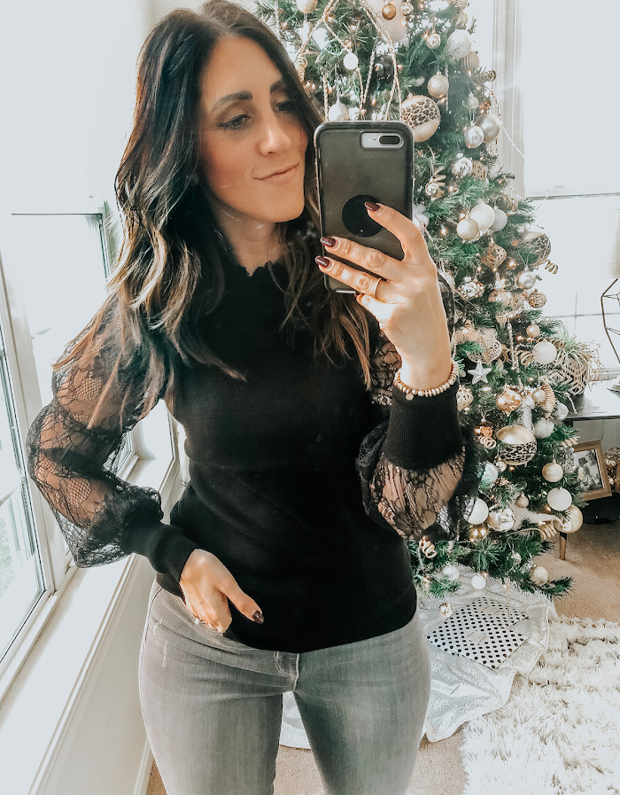 black lace sleeve sweater - Express sweater - Express Holiday style try-on haul - This is our Bliss