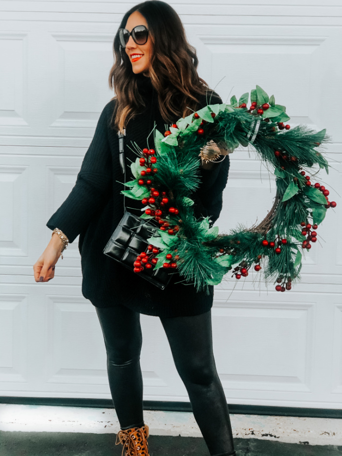 black tunic sweater with faux leather leggings and leopard boots - 12 days of holiday style - This is our Bliss