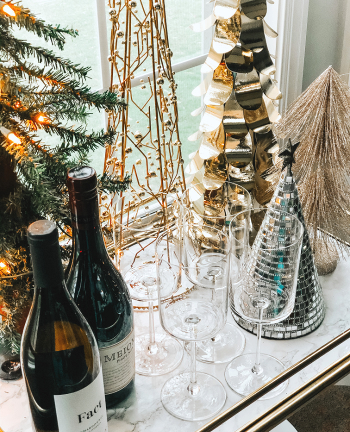 gold and silver christmas trees on the bar cart - festive holiday bar cart - This is our Bliss