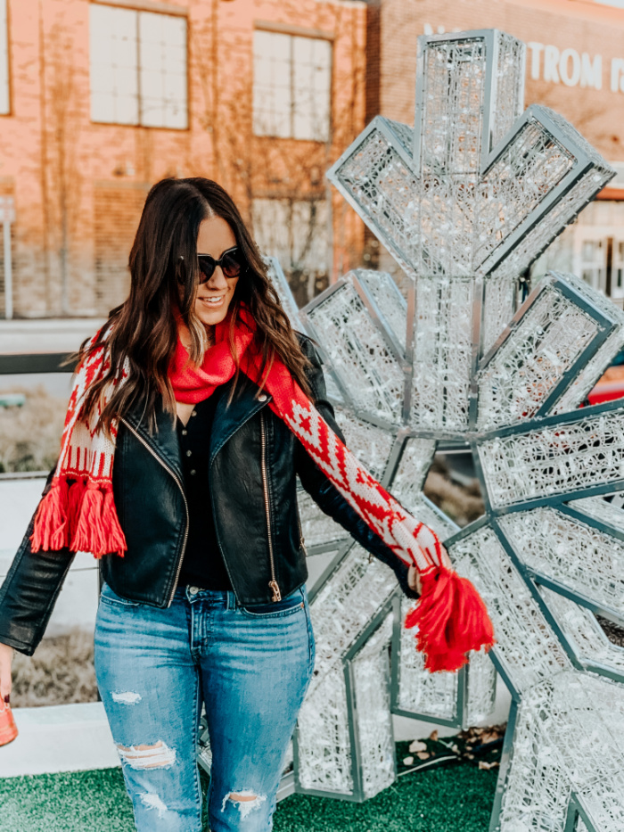 leather jacket and red scarf - festive outfit ideas for the holidays - This is our Bliss