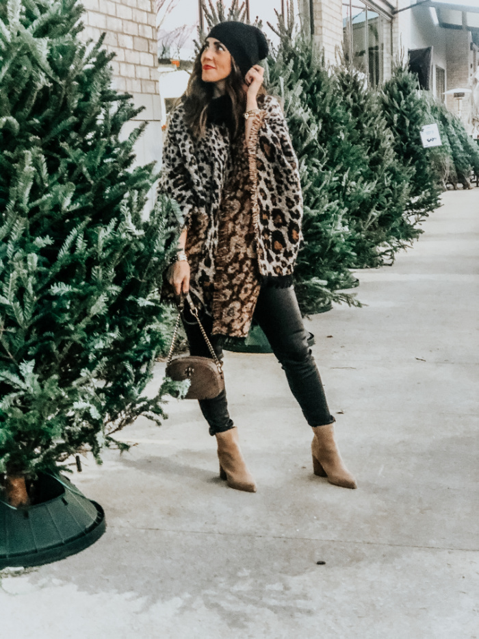 leopard poncho with black coated skinnies - nude booties - winter outfit ideas - holiday outfit ideas - This is our Bliss