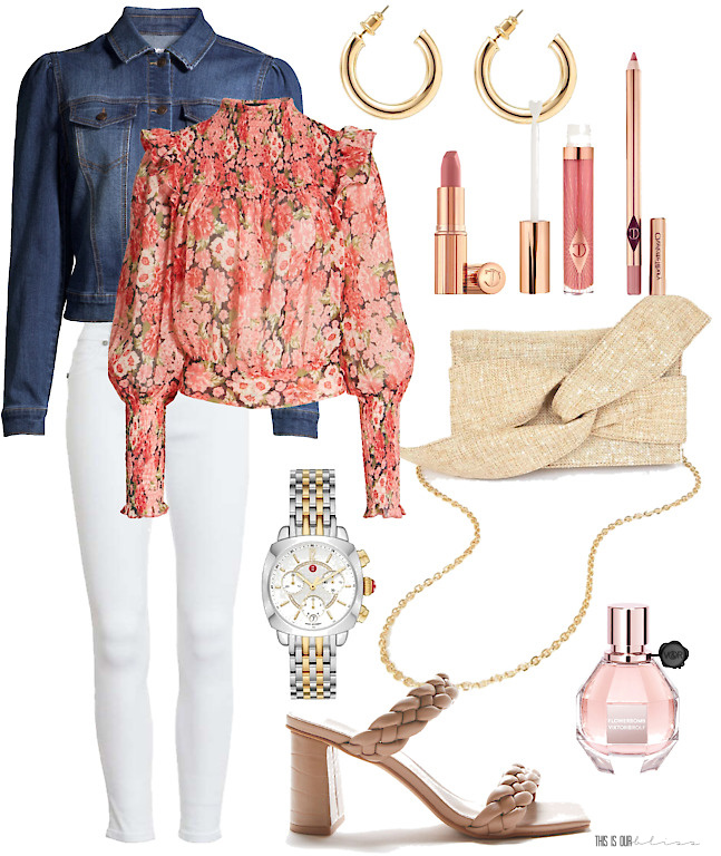 Date night outfit idea - floral & feminine - floral blouse with nude heels and white jeans - This is our Bliss