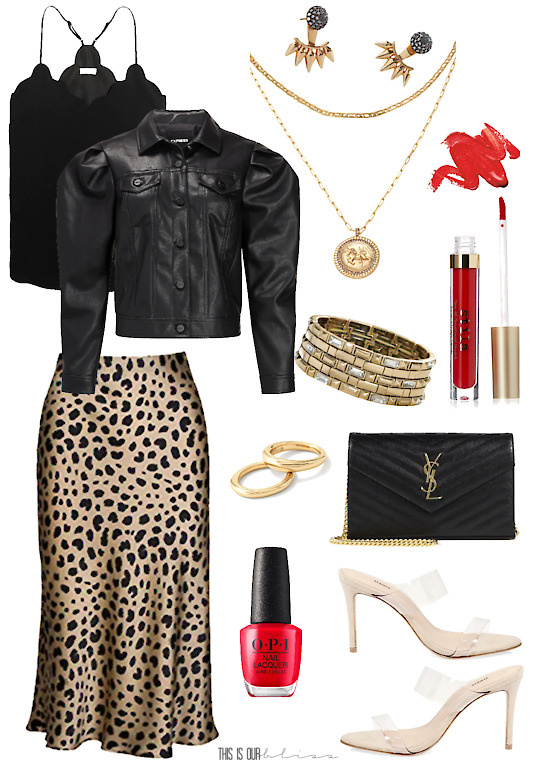 Edgy and bold date night outfit idea __ red lipstick and gold layering jewelry with clear heals __ This is our Bliss