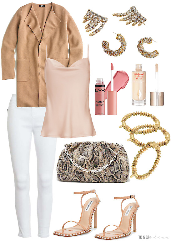 date night outfit ideas __ spring outfit ideas with silk cami and coatigan white jeans - This is our Bliss