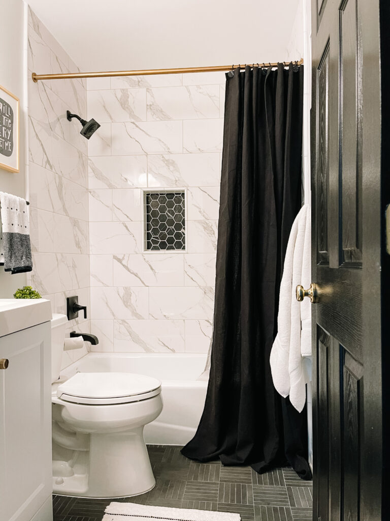 boys small bathroom reveal - black and white small bathroom - neutral bathroom design - This is our Bliss