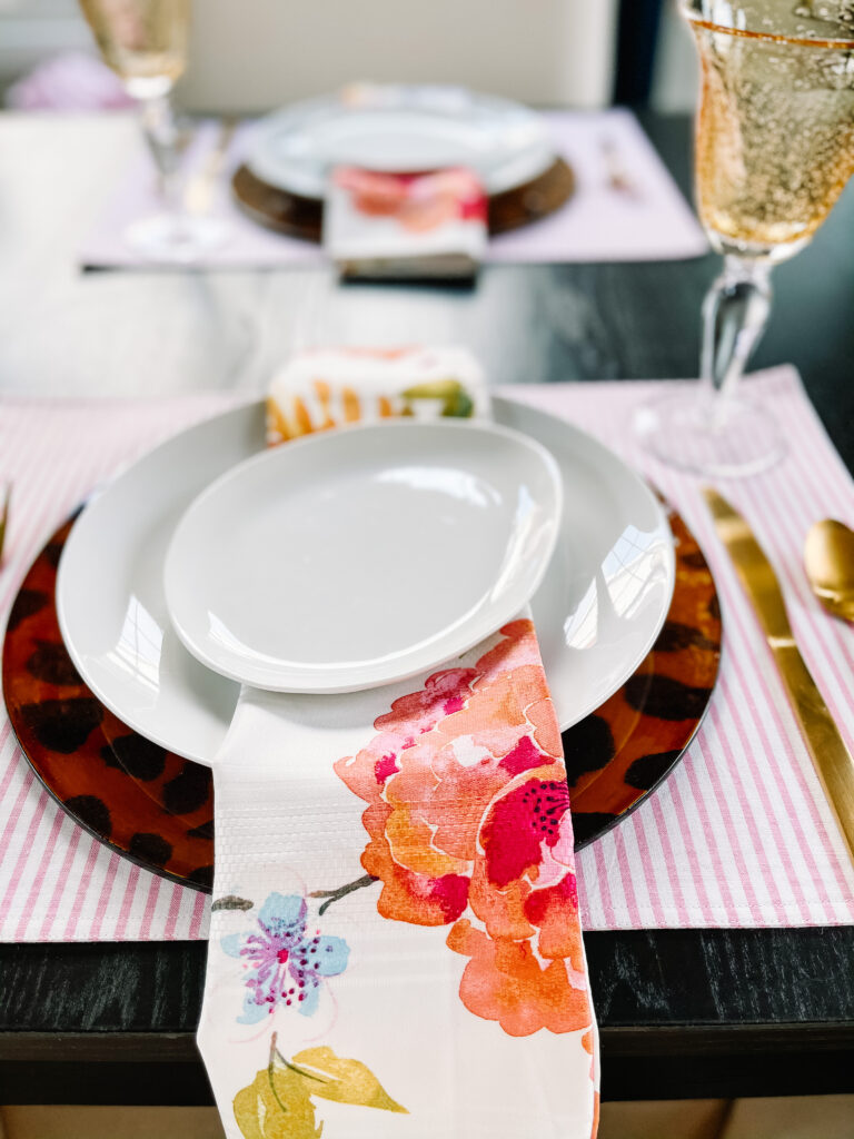 Spring Tablesetting with floral stripes and leopard print - Spring Home Tour - Spring dining room decor - This is our Bliss