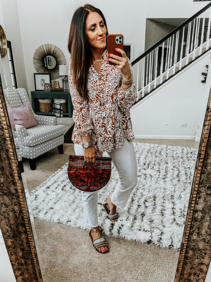 animal print blouse with white jeans for Spring - Amazon Try-on haul - This is our Bliss