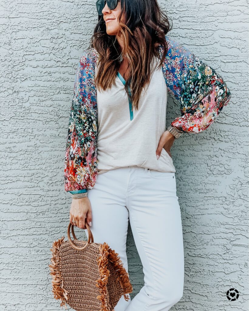 Anthropologie spring finds - Anthro spring blouse - floral sleeves - This is our Bliss #statementsleeves #springblouse #anthrofinds