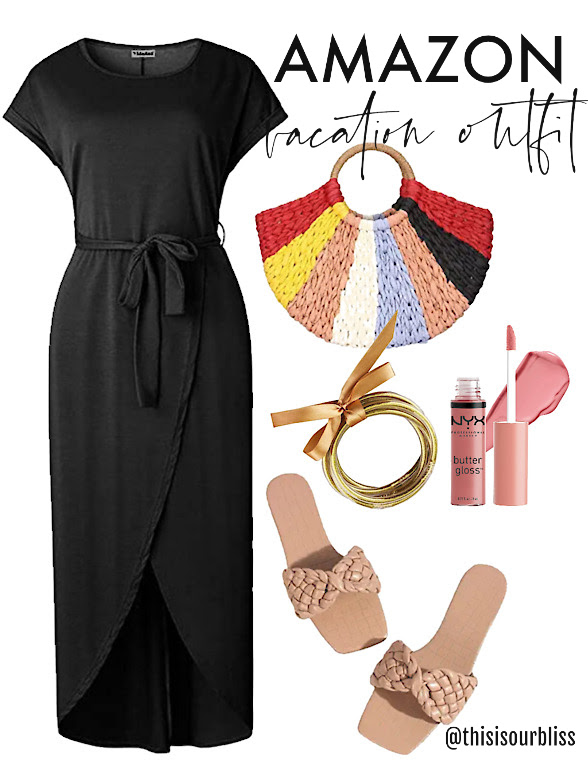 Amazon Vacation outfit - black dress sun hat colorful straw bag - This is our Bliss #amazonstyle #amazonvacationoutfits #amazondress #blackdress