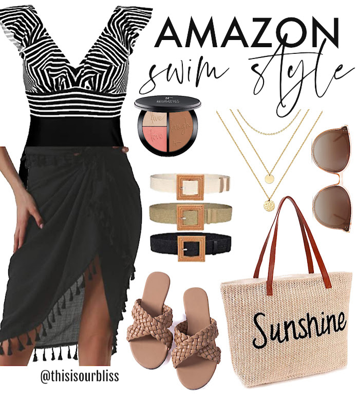 Amazon Vacation outfit - black sarong - striped swimsuit - braided sandals straw bag - This is our Bliss #amazonstyle #amazonvacationoutfits #amazonswim
