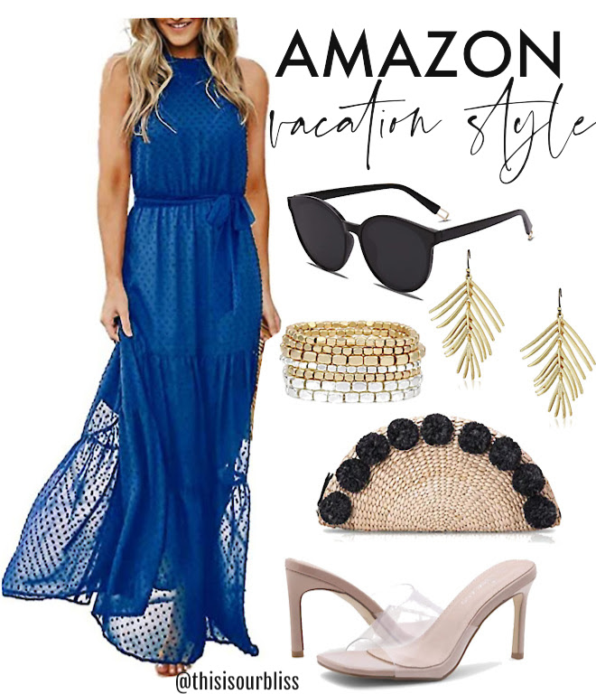 Amazon Vacation outfit - blue halter dress clear heels and straw clutch - This is our Bliss #amazonstyle #amazonvacationoutfits #amazondress