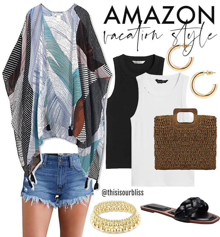 Amazon Vacation outfit - kimono coverup tank top and jean shorts and straw  bag - This is our Bliss #amazonstyle #amazonvacationoutfits - This is our  Bliss